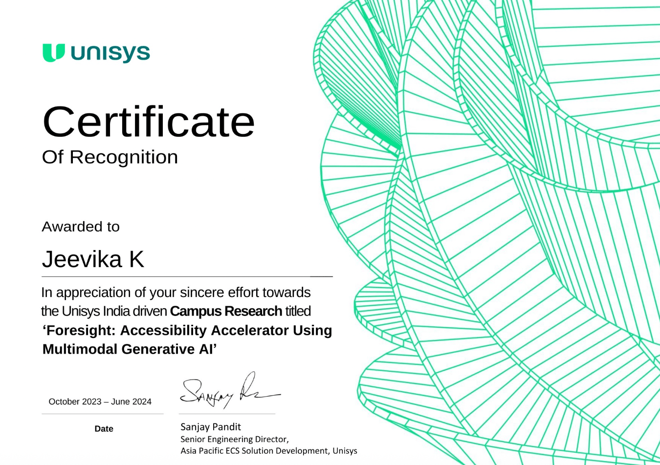 Unisys certificate recognizing Jeevika Kiran's Foresight research