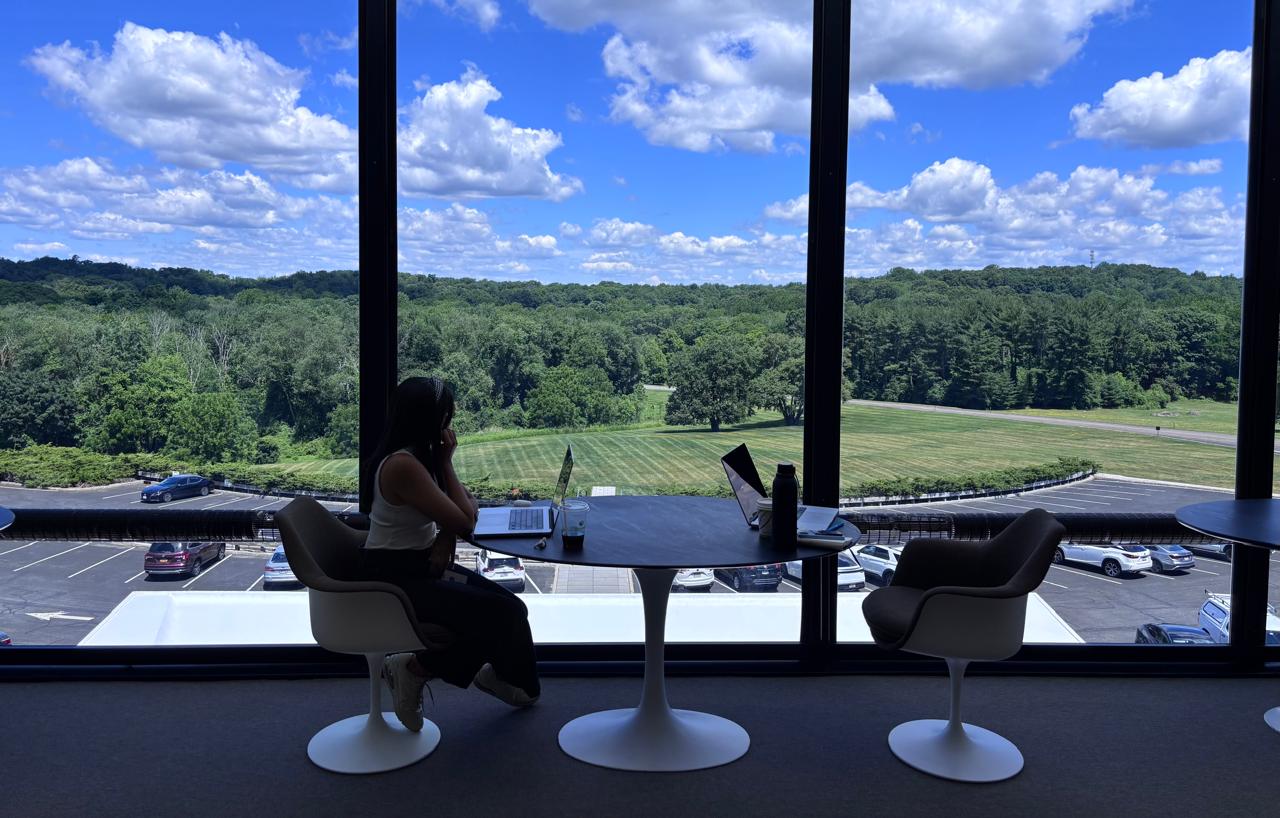 Jeevika working beside a panoramic window overlooking a green landscape